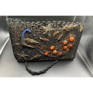 Vintage Velvet Mini Purse with Embroidery and Embellishment 8 x 5  x 3”